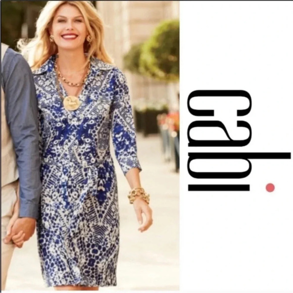 Cabi Style 422 Blue Jewel Print Button Down Shirt Dress Roll Tab Sleeve Size S - Picture 11 of 12